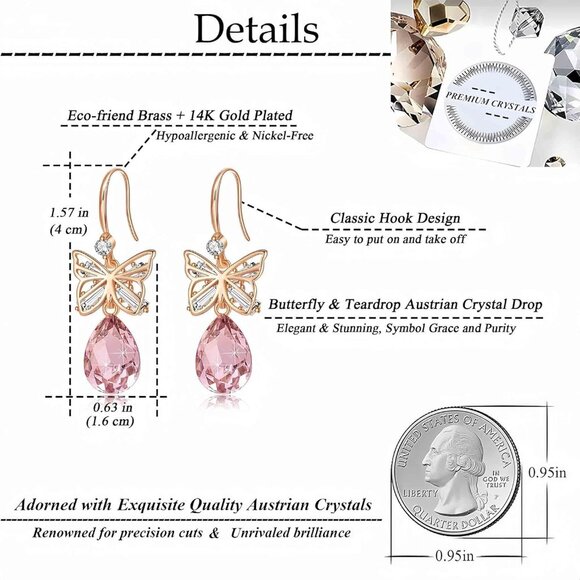 Crystal Butterfly Drop Earrings Hypoallergenic Pink Rose Gold Jewelry Women - Picture 4 of 8